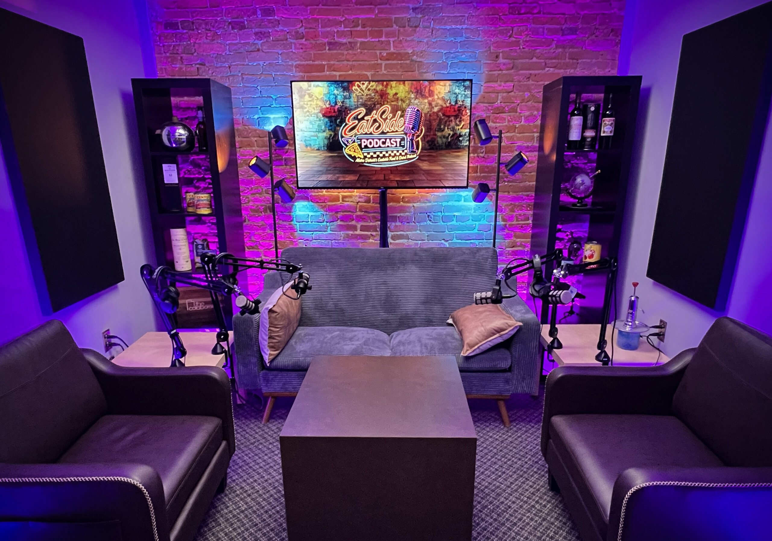 Podcast studio with multi-cam video setup and broadcast-quality audio